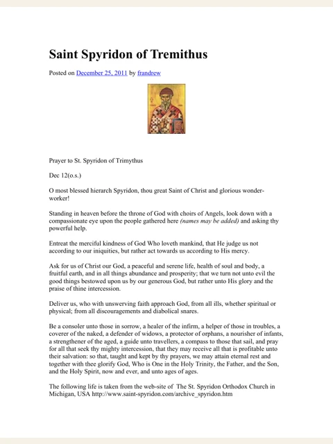 Edition page: Saint Spyridon of Tremithus