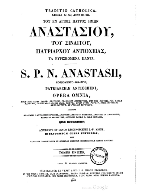 Edition page: Writings of Anastasius in the Patrologia Graeca