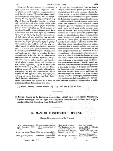Edition page: Hymns Attributed to Maximus: PG 91 Excerpt